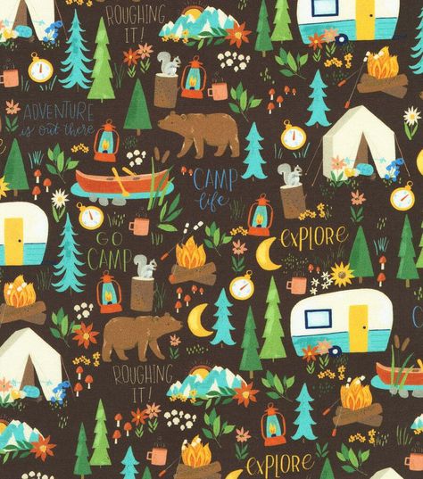 Robert Kaufman Go Camp on Brown Novelty Cotton Fabric | JOANN Camping Themed Quilts, Themed Quilts, Camping Fabric, Bear Images, Cabin Tent, Novelty Fabric, Outdoor Enthusiast, Brown Background, Camping Essentials