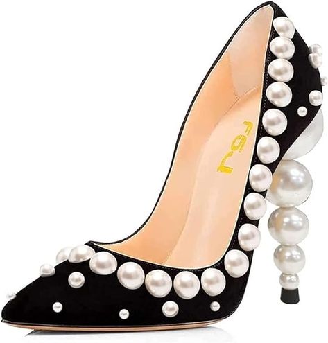 Amazon.com | FSJ Slip On Pearls Beaded High Heels Slip On Pumps Pointed Toe Mirror Effect Shiny Party Dress Club Shoes for Women Size 11 Black-Pearls | Pumps Party Dress Club, Queens Wedding, Club Shoes, Slip On Pumps, Mirror Effect, A Line Mini Skirt, Black Party, Crazy Shoes, Dream Shoes