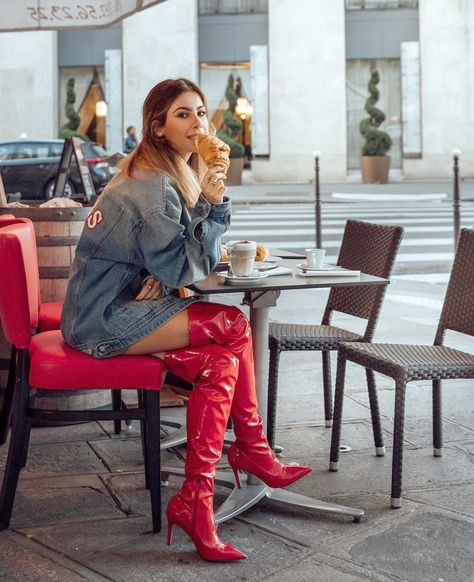 Red patent thigh high boots High Red Boots Outfit, Patent Boots Outfit, Red Boots Outfit, Red Knee High Boots, Thigh High Boots Outfit, Boots Outfit Ideas, Knee Boots Outfit, High Boots Outfit, Leather Thigh High Boots