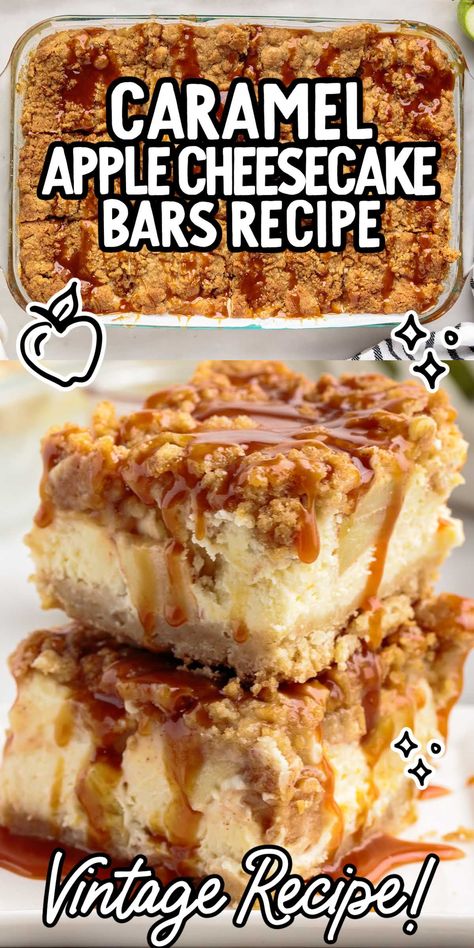 With layers of buttery crust, cheesecake, soft apples and streusel topping, these apple cheesecake bars are a delicious and cozy treat. Soft Apples, Apple Pie Cheesecake Bars, Apple Crisp Cheesecake, Apple Cheesecake Bars, Caramel Apple Cheesecake Bars, Caramel Apple Cheesecake, Apple Cheesecake, Cheesecake Bar Recipes, Dessert Bar Recipe