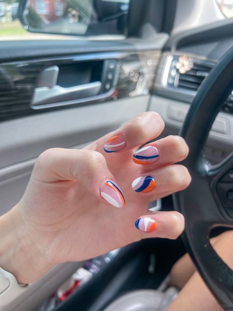 Blue,white, and orange nails , super fun, and so cute Orange Blue White Nails, Navy And Orange Nails, White And Orange Nails, Gameday Nails, Navy Blue Nail Designs, Nails Inspiration Simple, Grad Nails, Blue And White Nails, Blue French Tips