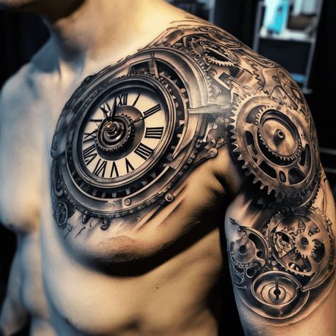 66 Clock Tattoo Ideas Created With AI Old Fashion Clock Tattoos, Chest Tattoo Men Ideas Sketch, Clock Gears Tattoo Design, Clock And Gears Tattoo Design, Tattoo Clock Men, Unique Clock Tattoos, Clock Chest Tattoo For Men, Clock With Gears Tattoo Design, Time Piece Tattoos