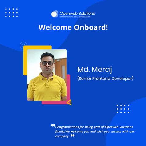 We welcome you to our team, we are very glad to have you with us and look forward to a mutually beneficial relationship. Welcome aboard Md. Meraj! #employee #recruitment #work #office #openwebdiary #openwebfamily New Joinee Welcome Template, Welcome Aboard New Employee, New Employee Welcome Ideas, Suit And Tie Men, Welcome New Employee, Onboarding New Employees, Employee Recruitment, Employees Card, Engagement Banner