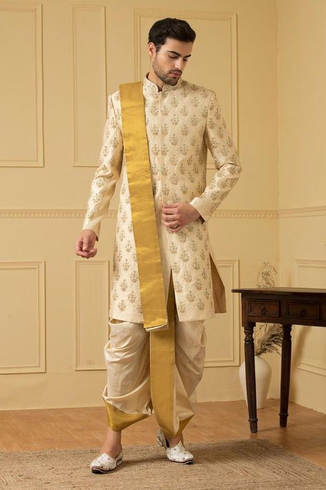 Hilo Design gold zardozi embroidered sherwani set Groom Indian Wedding Outfits, Dhoti Sherwani, Mens Traditional Wear, Embroidered Sherwani, Wedding Outfits For Groom, Wedding Dresses Men Indian, Reception Outfit, Zardozi Work, Sherwani For Men