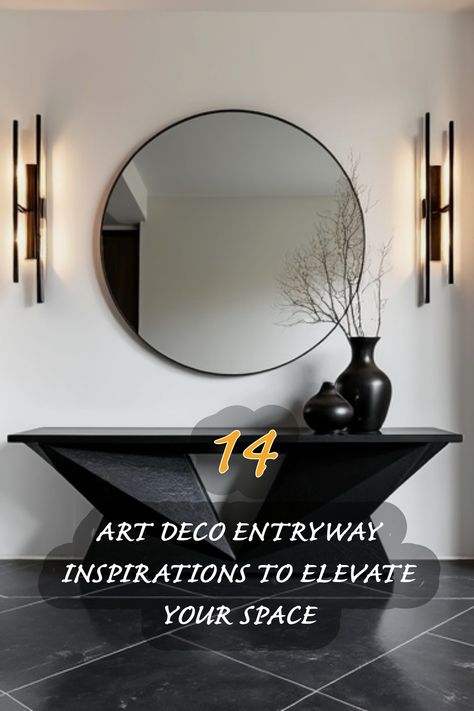 I'm absolutely enchanted by this Art Deco entryway! The bold geometric shapes and elegant color palette create a striking first impression. The round mirror beautifully reflects light, adding depth to the space. It’s a perfect example of how to elevate your home’s entryway with timeless style. Explore these inspirations to transform your own entryway into a stunning welcome! Art Deco Entryway Foyers, Foyer Mirror Ideas Entry Ways, Foyer Mirror Ideas, Art Deco Entryway, Entryway Design Ideas, Foyer Mirror, Minimalist Art Deco, Entryway Design, Minimalist Living Room Design