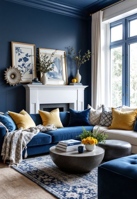 Blue and Yellow Boho Decor Royal Blue And Yellow Living Room, Blue Yellow Living Room, Yellow Living Room Colors, Living Room Yellow Accents, Blue And Yellow Living Room, Boho Decor Ideas, Boho Space, Yellow Living Room, Living Room Color Schemes