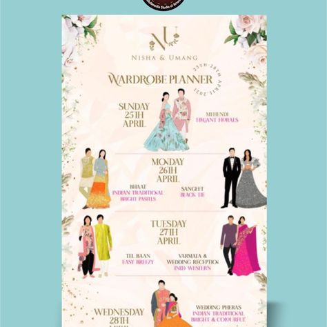 Wedding Wardrobe Planner Template, Indian Wedding Dress Code Invitation, Wardrobe Planner Invite, Wardrobe Planner For Indian Wedding, Wedding Dress Template, Indian Wedding Invitation Wording, Aesthetic Bookmarks, Cartoon Wedding Invitations, Dress Templates