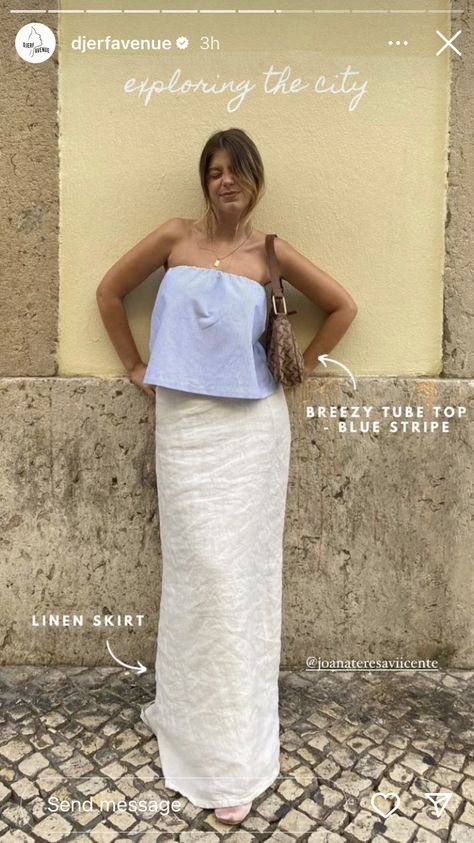 Blue Tube Top, Tube Top And Skirt, Tube Skirt, Top And Skirt, Linen Skirt, Striped Linen, Elegant Outfit, Tube Top, Blue Stripes