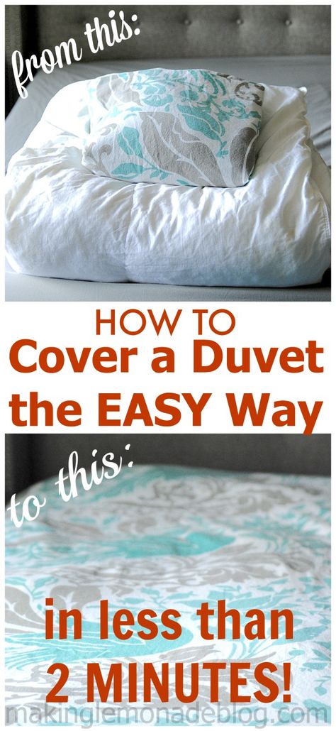 How to cover a duvet the EASY way in UNDER two minutes! Brilliant! #cleaning #lifehacks makinglemonadeblog.com Sunroom Curtains, Making Lemonade, Diy Rangement, Outdoor Curtains, Wishful Thinking, Cleaning Organizing, Home Hacks, Household Hacks, Things To Know