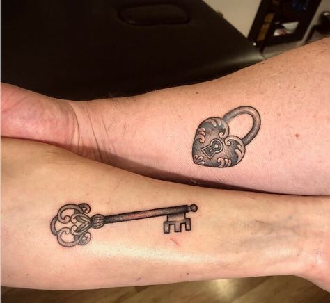 Lock & Key Forearm Tattoos Women Key And Lock Tattoo, Lock And Key Couple Tattoo, Forearm Tattoos Women, Vintage Key Tattoos, Padlock Tattoo, Couples Hand Tattoos, Heart Lock Tattoo, Lock And Key Tattoo, Lock Tattoo