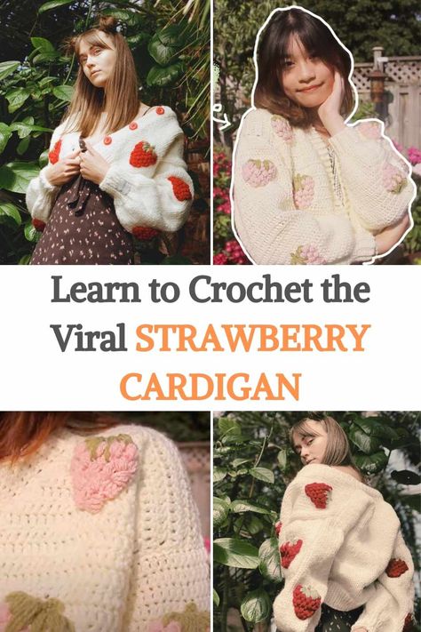 In this video tutorial, you will learn how to crochet a strawberry cardigan like the ones you've probably been seeing all over Instagram! This beautiful garment is a viral trend, and now you can make your own at an affordable price. But do not be fooled, despite being a low-cost project it has nothing to envy the original design. The creator of Moonflower recorded a very cool video where she will explain how to make your cardigan with puff stitch strawberries, a crochet basic that is quite... Puff Stitch Strawberry, Crochet Sweater Strawberry, Strawberry Crochet Cardigan Pattern, Strawberry Sweater Crochet Pattern, Strawberry Sweater Pattern, Crochet Strawberry Cardigan Pattern Free, How To Make Cardigan, Strawberry Cardigan Pattern, Crochet Mushroom Sweater