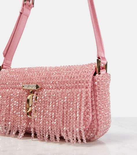 Avenue Mini Embellished Satin Shoulder Bag in Pink - Jimmy Choo | Mytheresa Pink Beaded Bag, Classic Designer Handbags, Pearls Bag, Fancy Purses, Jimmy Choo Bags, Leopard Handbag, Hand Beaded Bag, Expensive Bag, Bead Bag