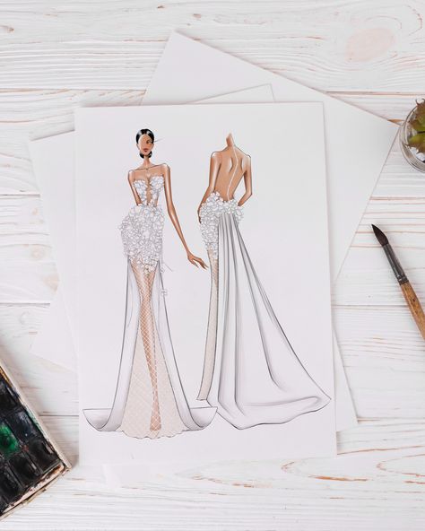 Design and illustration of a custom wedding dress. #illustration #fashionillustration #fashion #weddingdress #bride Dress Illustration Design, Bride Fashion Illustration, Wedding Dress Drawings, Wedding Dress Illustrations, Making A Wedding Dress, Modern Bridal Gowns, Wedding Dress Sketches, Fashion Illustration Tutorial, Body Fashion