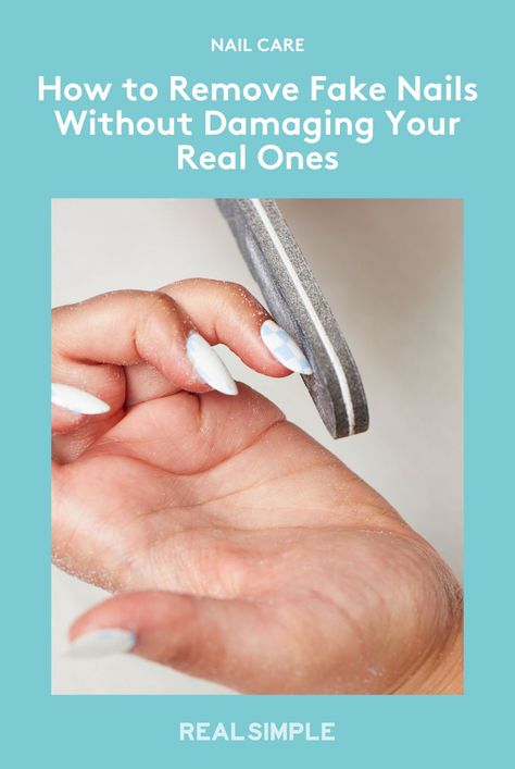 It can be tempting to remove your fake nails at home instead of doing it at a salon. Here's how to remove acrylic, gel, and dip powder nails without damaging your natural nail. #nailremoval #nailtips #nailhacks #removeacrylic #acrylicnails Remove Fake Nails, Nail Removal, Remove Acrylics, Remove Acrylic Nails, Real Simple Magazine, Powder Manicure, Nail Strengthener, Fake Nail, Acrylic Gel