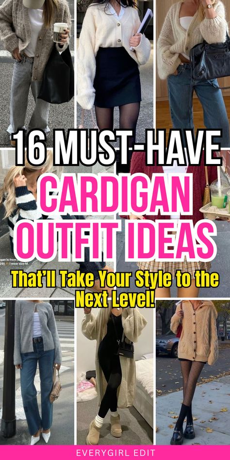 cardigan outfits, cardigan outfit, cardigan outfit ideas, cardigan outfit fall, cardigan outfit winter. Jeans Cardigan Outfit Fall, Cami With Cardigan Outfit, Cardigan With Button Up Shirt, Cardigan Trousers Outfit, How To Wear Cardigans Ideas Tips, Cropped Cardigan And Jeans Outfit, How To Wear Long Cardigans, Dresses With Cardigan Outfit, How To Wear A Short Cardigan