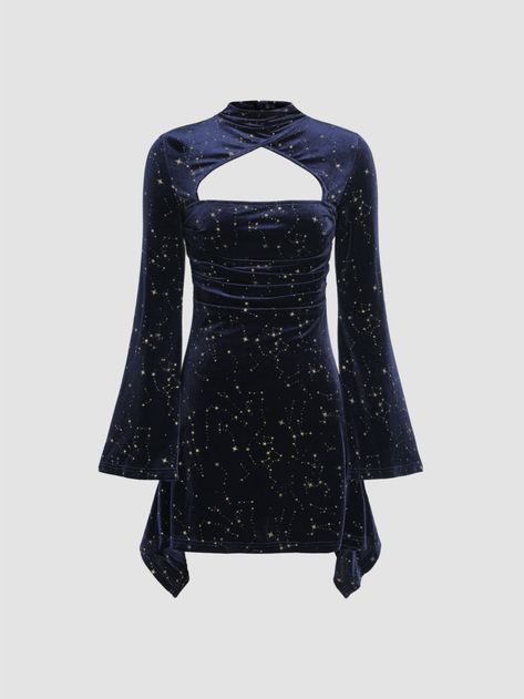 Halloween Graduation Dress Grad Dresses Velvet Star Pattern Bell Sleeve Short Dress For Date Wedding Holiday Vintage Celestial, Galaxy Dress, Black Halloween Dress, Blue Velvet Dress, Velvet Dresses, Dark Blue Dress, Purple Outfits, Grad Dresses, Star Dress