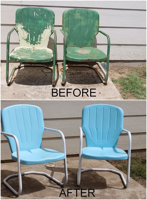 Repaint Old Metal Patio Chairs, DIY paint outdoor metal motel chairs, DIY paint outdoor metal chairs Painting Patio Furniture, Patio Chairs Diy, Vintage Patio Furniture, Metal Lawn Chairs, Metal Patio Chairs, Iron Patio Furniture, Vintage Patio, Wrought Iron Patio Furniture, Metal Outdoor Furniture