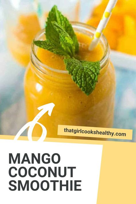 Mango Coconut Water Smoothie in a glass jar with a yellow and white spotted paper straw and a sprig of fresh mint. Smoothie Ginger, Coconut Water Smoothie Recipes, Mango Coconut Smoothie, Coconut Water Drinks, Coconut Water Recipes, Coconut Water Smoothie, Healthy Refreshing Drinks, Coconut Milk Smoothie, Mango Smoothie Recipes