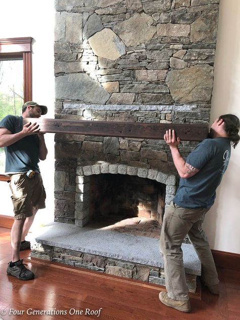 How To Hang A Wood Mantel on a Stone Fireplace using Rebar {before & after} #mantelmakeover #woodmantel #fireplacemakeover #beammantel #mantelideas #howtohangamantel Mantel Installation, Corner Stone Fireplace, Diy Stone Fireplace, Rustic Farmhouse Fireplace, Beam Mantel, Stone Fireplace Makeover, Stone Fireplace Wall, Farmhouse Fireplace Decor, Fireplace Mantel Designs