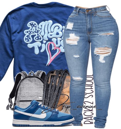 Cute Highschool Outfits Baddie, Light Blue Ripped Jeans Outfit, Cute Back To School Outfits Highschool Baddie Ideas, Junior Year High School Outfits Baddie, First Day Of School Outfit Black Teen, Black Teen Girl Streetwear, Dunks Outfit, Cute Nike Outfits, Teen Swag Outfits