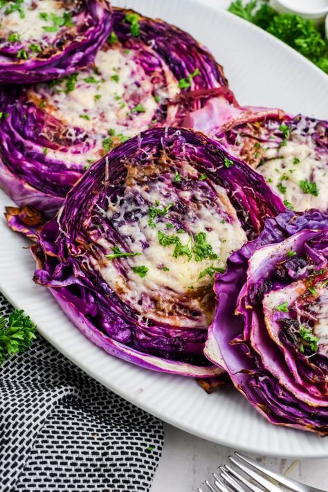 Purple Cabbage Steaks In Oven, Recipes Using Purple Cabbage, Recipes With Purple Cabbage, Roasted Purple Cabbage, Purple Cabbage Recipe, Red Cabbage Steaks, Cabbage Purple, Purple Cabbage Recipes, Roasted Red Cabbage