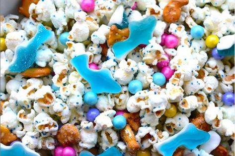 Shark Bait Snack, Vbs Snacks, White Chocolate Popcorn, Shark Bait, Popcorn Snacks, Chocolate Popcorn, Blue Food Coloring, Blue Food, Chocolate Mix