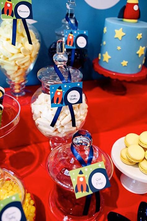 321 Blastoff Birthday, Space Themed Candy Bar, Space Candy Bar, Rocket Ship Party, Popcorn Cones, Space Candy, Star Cake, Candy Bar Party, Candy Labels