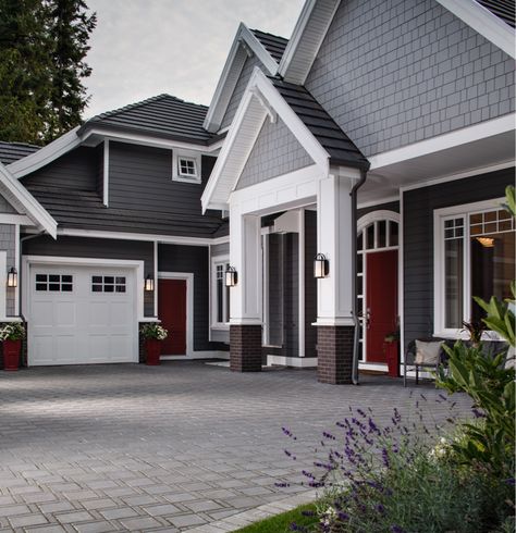 Belgard Pavers for driveway & back yard Outside House Paint Colors Ideas, Outside House Paint, Hardscape Ideas, Belgard Pavers, Best Exterior House Paint, Paint House, Outside House, Gray House Exterior, Lake Houses Exterior