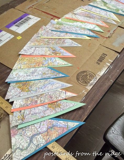 How to make a map bunting | Postcards from the Ridge Classroom Bunting Ideas, Where Are You From Map Bulletin Board, Map Backdrop Travel Themes, College Pennants In Classroom, Graduation From High School, Map Bunting Printable Free, Diy Pennant Banner, Texas History Classroom, Decorating With Maps