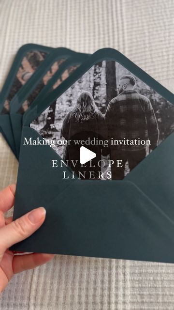 Jess on Instagram: "We ordered our invitations and were already to send them, then I suddenly say ‘I HAVE AN IDEA’ and here we are still not quite ready to send them out because I really wanted to add envelope liners ✉️ 
.
.
We’ve used photos from our engagement shoot with the amazing @charlottewottonphotography
I made a template on Canva (sorry, I don’t have a template to share, it was a bit of a mission!) 
We borrowed a printer and then I’ve spend some time getting them all cut out with the guillotine. The top corner is cut by hand to get that neat curve to mirror the shape of the envelope.
They will be glued down with a bit of pritt stick once the envelopes are addressed with my gold calligraphy ink and finished off with a custom wax seal ✨ 
Dark green envelopes are from @thepaperboxuk Green Wedding Invitations Diy, Wedding Invitation Envelope, Custom Wax Seal, Envelope Liners Wedding, General Ideas, Gold Calligraphy, Our Engagement, Calligraphy Ink, Green Wedding Invitations