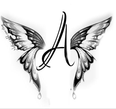 Letter A With Wings Tattoo, Butterfly With Letter Tattoo, Initial With Wings Tattoo, Butterfly Angel Tattoo, A Letter Tattoo, Butterfly Angel Wings Tattoo, Butterfly Half Angel Wing Tattoo, Letter A Tattoo Ideas, Angel Wings Initial Tattoo