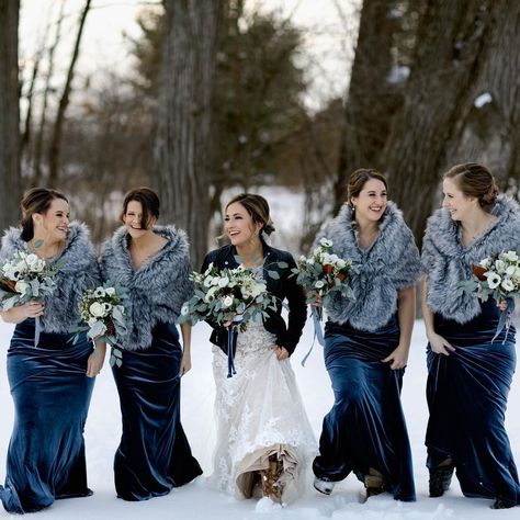 https://www.instagram.com/p/CJ6PHzljwUz/?igshid=oy1fcz2acaff Blue Velvet Bridesmaid Dresses Winter, Winter Wedding Velvet Bridesmaid Dresses, Navy And Silver Winter Wedding, Winter Wedding Bridesmaid Dresses Blue, Winter Bridesmaid Dresses Blue, Blue Winter Bridesmaid Dresses, Winter Wedding Colors Schemes, Wonderland Dresses, Midnight Blue Bridesmaid Dresses