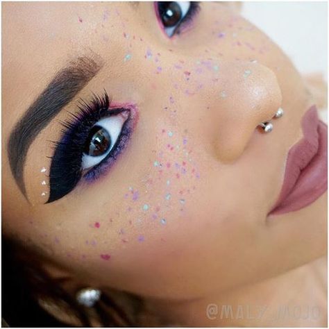 http://makeupbag.tumblr.com Edm Makeup, Rainbow Freckles, Music Festival Makeup, Freckles Makeup, Fairy Halloween, Eyebrows Eyelashes, Makeup Eyebrows, Pride Makeup, Eyelashes Makeup