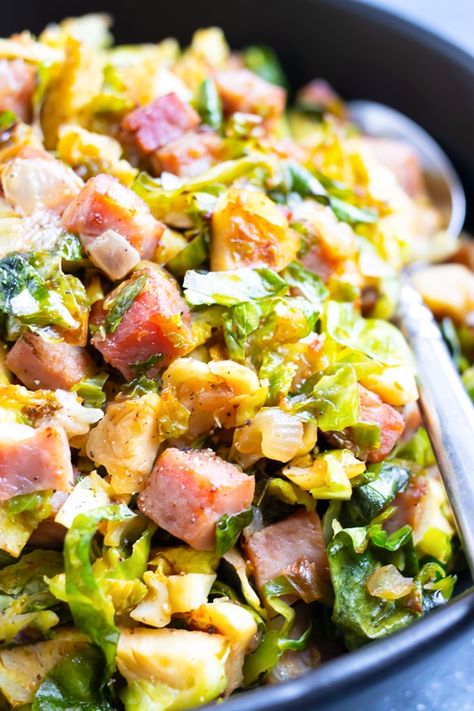 Ham Brussel Sprouts, Ham And Brussel Sprouts Recipe, Cubed Ham, Cubed Ham Recipes, Shredded Brussels Sprouts Recipe, Brussel Sprout Side Dish, Brussel Sprout Casserole, Crispy Brussel Sprouts, Low Carb Pork