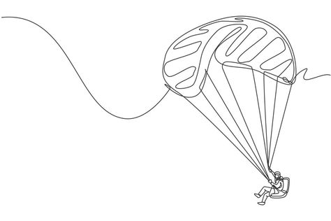 Single continuous line drawing of young tourist man flying with paragliding parachute on the sky. Extreme vacation holiday sport concept. Trendy one line draw design vector graphic illustration Parachute Tattoo Design, Paragliding Tattoo Design, Paragliding Drawing, Paragliding Tattoo, Paragliding Illustration, Parachute Tattoo, Parachute Drawing, Old Women With Tattoos, Drawing Hats