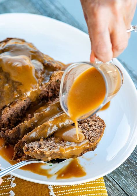 BROWN GRAVY MEATLOAF Carol Burnett Meatloaf, Gravy Meatloaf Recipes, Meatloaf Recipes Without Ketchup, Cheesecake Factory Meatloaf Recipe, Meatloaf With Brown Gravy, Meatloaf Gravy, Brown Gravy Meatloaf, Simple Meatloaf, Brown Gravy Recipe Easy