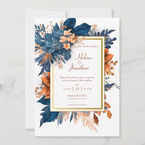 Elegant Indigo Rust All In One Wedding Invitation | Zazzle Orange Wedding Themes, Boho Wedding Invitation, Burnt Orange Weddings, Rustic Elegant Wedding, Watercolor Boho, Elegant Wedding Invitation, Watercolor Floral Wedding Invitations, Wedding Invitations Boho, Orange Wedding