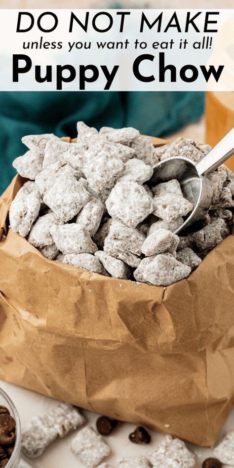 We don't skimp on the chocolate or peanut butter in this puppy chow recipe. Whether you call it puppy chow or muddy buddies, the bottom line is, this no bake treat is seriously easy, incredibly tasty, and alway a huge hit with a crowd. Homemade Puppy Chow, Easy Puppy Chow Recipe, Easy Puppy Chow, Best Puppy Chow Recipe, Puppy Chow Chex Mix Recipe, Puppy Chow Recipe, Chex Mix Puppy Chow, Chow Recipe, Muddy Buddies Recipe