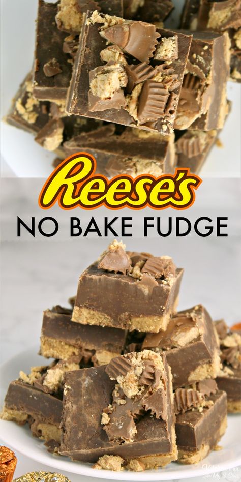 Reese's Peanut Butter Cup Fudge is so delicious and the best part is that it takes three ingredients and no baking. #recipe #food #peanutbutter #chocolate #fudge Reeces Cup Fudge, Peanut Butter Fudge With Peanut Butter Chips, Reese’s Peanut Butter Cup Fudge, Baking With Reeses Peanut Butter Cups, Reese Pieces Recipes, Yummy Fudge Recipes, Reese Peanut Butter Fudge, Reeses Peanut Butter Cup Dessert, 3 Ingredient Candy Recipes