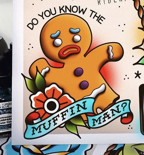 Muffin Man Tattoo, Gingy Shrek Tattoo, Muppets Tattoo, Shrek Tattoo, Shrek Art, Christmas Flash, Shrek Party, Do You Know The Muffin Man, Disney Sleeve Tattoos