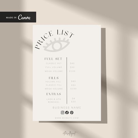 Lash Price List, Lashes Quotes, Lash Studio Decor, Beauty Salon Price List, Pricing List, Lash Flyer, Business Cards Beauty, Price List Design, Salon Price List