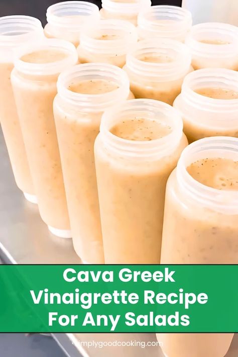 Cava Greek Vinaigrette Recipe Cava Greek Bowl, Greek Salad Vinaigrette, Cava Greek Salad, Cava Salad Dressing, Cava Copycat Sauces, Cava Greek Vinaigrette, Hummus Vinaigrette Dressing, Greek Dressing Recipe Vinaigrette, Cava Sauce Recipe