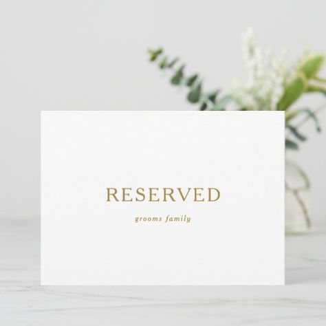 $2.79 | Classic Minimalist Gold Reserved Sign #elegant reserved table sign, vintage wedding reserved for family, minimalist reserved seat sign, classic ceremony sign, simple wedding place cards, formal wedding reserved seating signage, simplistic industrial white typography, contemporary simple and elegant font, gold reception chair sign, classy black tie ss011 Reserved Table Sign, Wedding Elegant Classy, Reserved Wedding Signs, Reserved Table Signs, Gold Reception, Modern Wedding Ceremony, Gold Reserve, Gold Table Numbers, Gold Typography