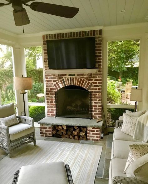 Outdoor Fireplace With Log Storage, Outdoor Fireplace In Screened In Porch, Screened Porch Storage Ideas, Fireplace Screened Porch, Porch Fireplace Ideas Farmhouse, Screened In Porch With Brick Fireplace, Brick Fireplace On Porch, Small Screened In Porch With Fireplace, Screen In Porch With Fireplace