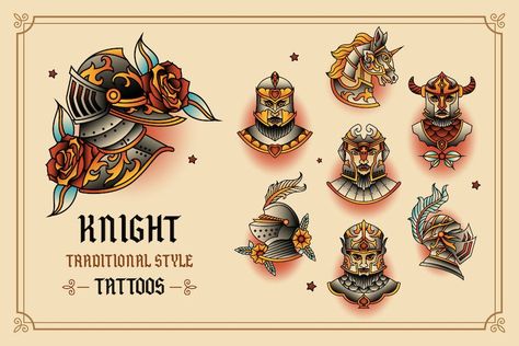 Knight Traditional Tattoo, Knight Tattoo Ideas, Tattoo Knight, Traditional Tattoo Vector, Video Game Tattoo, Knight Tattoo, Traditional Style Tattoo, Flash Sheet, Tattoo Flash Sheet