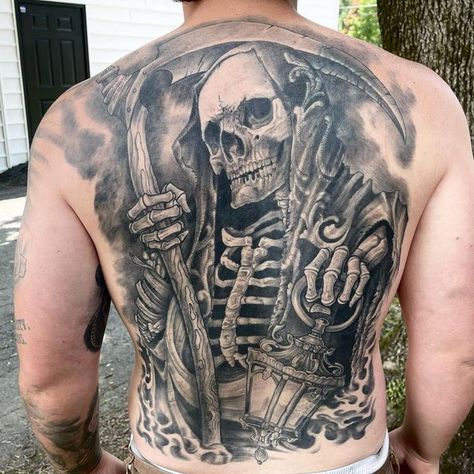 Grim Reaper Back Piece Tattoo, Grim Reaper Back Tattoo, Reaper Back Tattoo, Full Chest Tattoos, Piece Tattoo, Grim Reaper Tattoo, Reaper Tattoo, Skull Sleeve Tattoos, Skull Sleeve