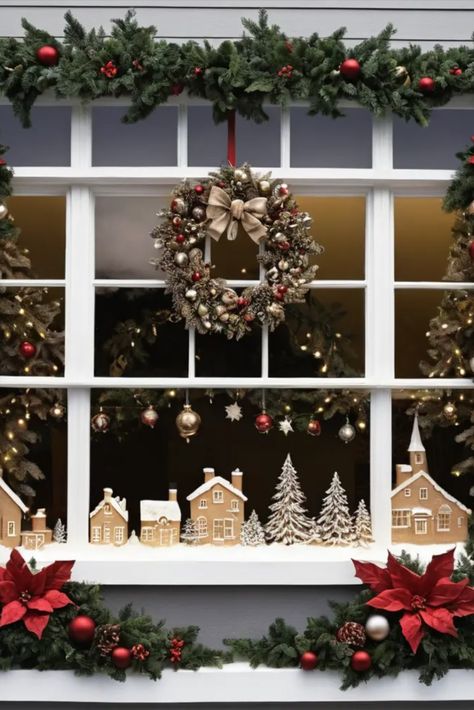 Big Window Christmas Decor, Windows Christmas Decor, Indoor Window Christmas Decor Ideas, Decorate Windows For Christmas, Window Christmas Decor, Christmas Window Decor, Diy Christmas Window, Classy Christmas Decor, Timeless Christmas