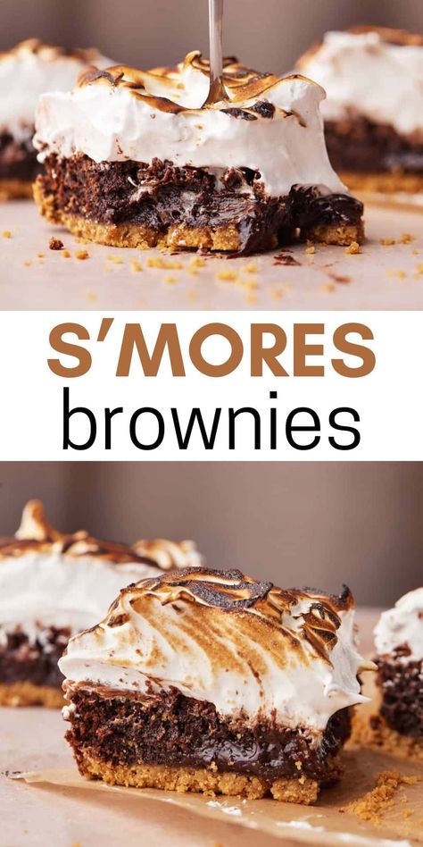 These s'mores brownies are a real summer treat! The gooiest chocolate fudgy brownies with a graham cracker crumb base and homemade toasted marshmallow frosting. Torch with a kitchen torch for a fun dinner activity. These taste like real s'mores, but even better! The chocolate brownies are so fudgy and gooey they are like the melty middle of s'mores. This easy to make recipe has relatively few ingredients and comes together in a simple step-by-step recipe. Delicious campfire treats! Smores Brownies, Kitchen Torch, Smores Dessert, Fudgy Brownie Recipe, Best Brownie Recipe, Gooey Brownies, Smores Cake, Marshmallow Frosting, Fun Dinner