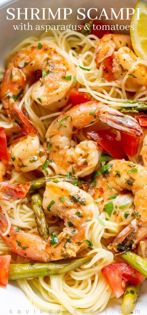 Shrimp Scampi Pasta With Asparagus, Shrimp Scampi With Asparagus, Shrimp Scampi Olive Garden Recipe, Asparagus Shrimp Recipes, Shrimp Scampi With Tomatoes, Shrimp And Asparagus Pasta, Pasta Asparagus, Asparagus And Tomatoes, Scampi Shrimp