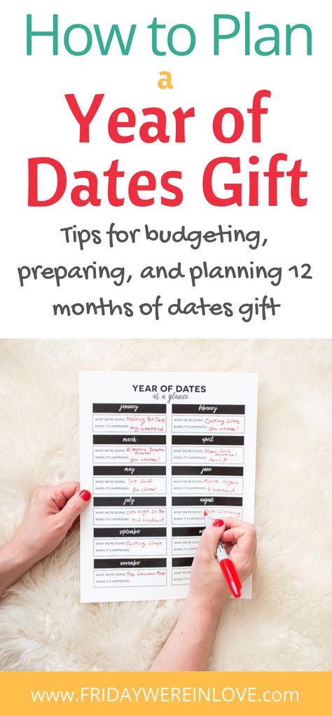 How to Plan A Year of Dates Gift: tips for budgeting, preparing, and planning 12 months of dates gift #yearofdates #datenightgift #12monthsofdates #datenight #fridaywereinlove Date Ideas For Every Month, A Year Of Dates Gift, Year Of Dates Gift, 12 Months Of Dates, A Year Of Dates, Feminine Dating, Mother Culture, Free Date Ideas, Date Night Gift